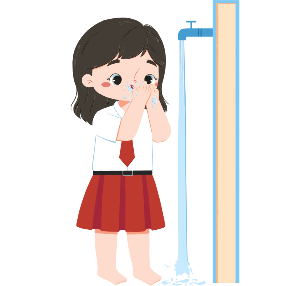 Cute elementary schoolgirl is rinsing the Mouth png