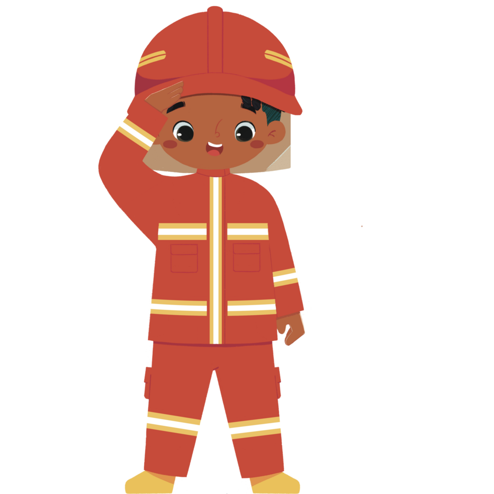 Cute Kid in firefighter costume gives a salute png