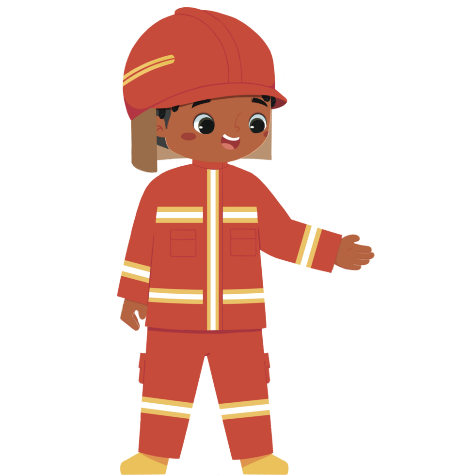 Cute Kid in firefighter costume explain something png