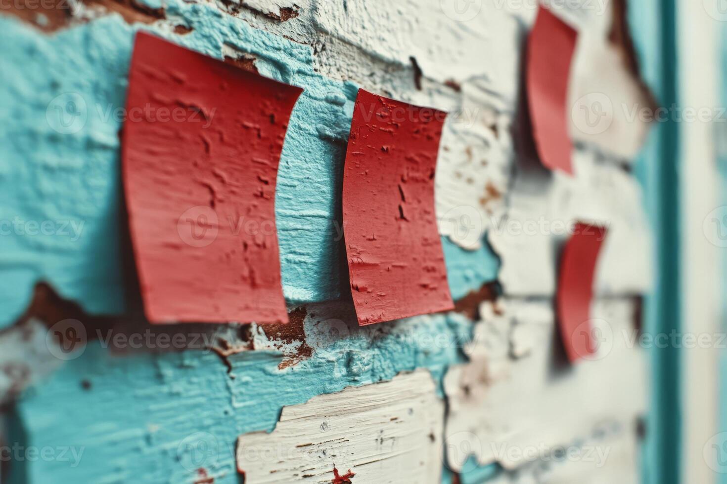 Colorful sticky notes on a textured blue and white wall, suggesting brainstorming or reminders. photo