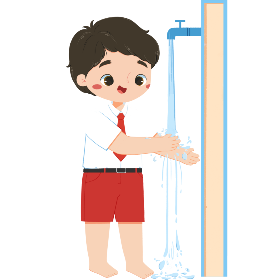 Cute elementary schoolboy is washing the arms png