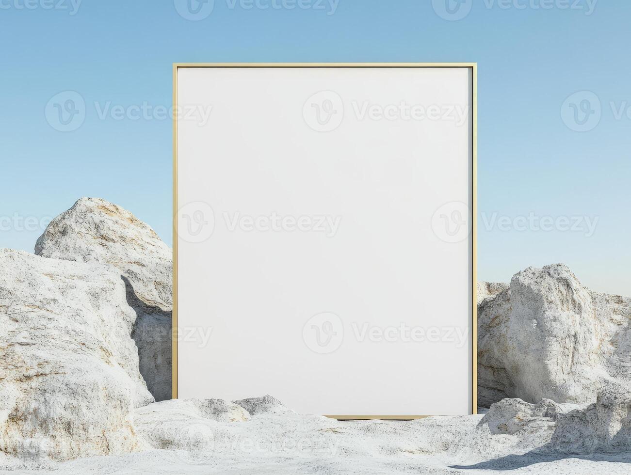 A blank frame set against rocky terrain and a clear sky, ideal for showcasing art or messages. photo