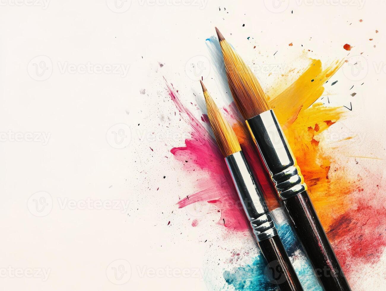 Two paintbrushes on a colorful splash background, symbolizing creativity and art. photo