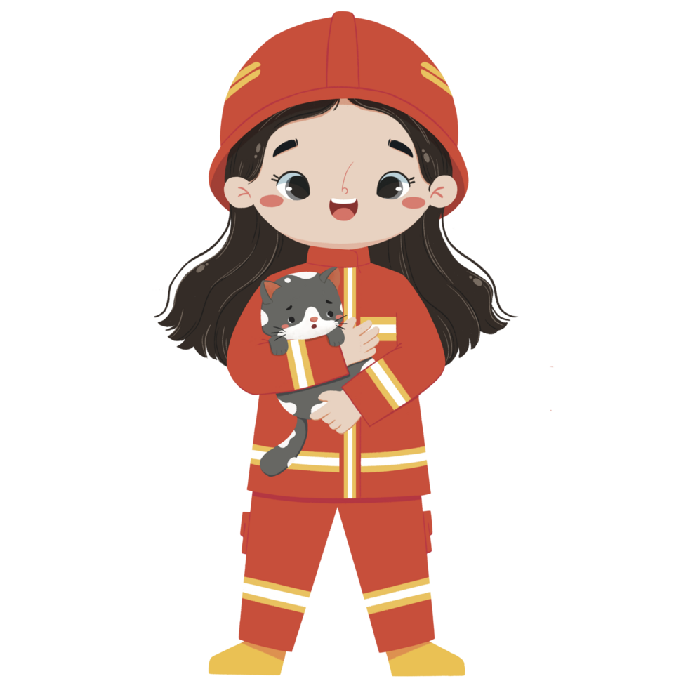 Cute girl in firefighter costume carrying a cat png