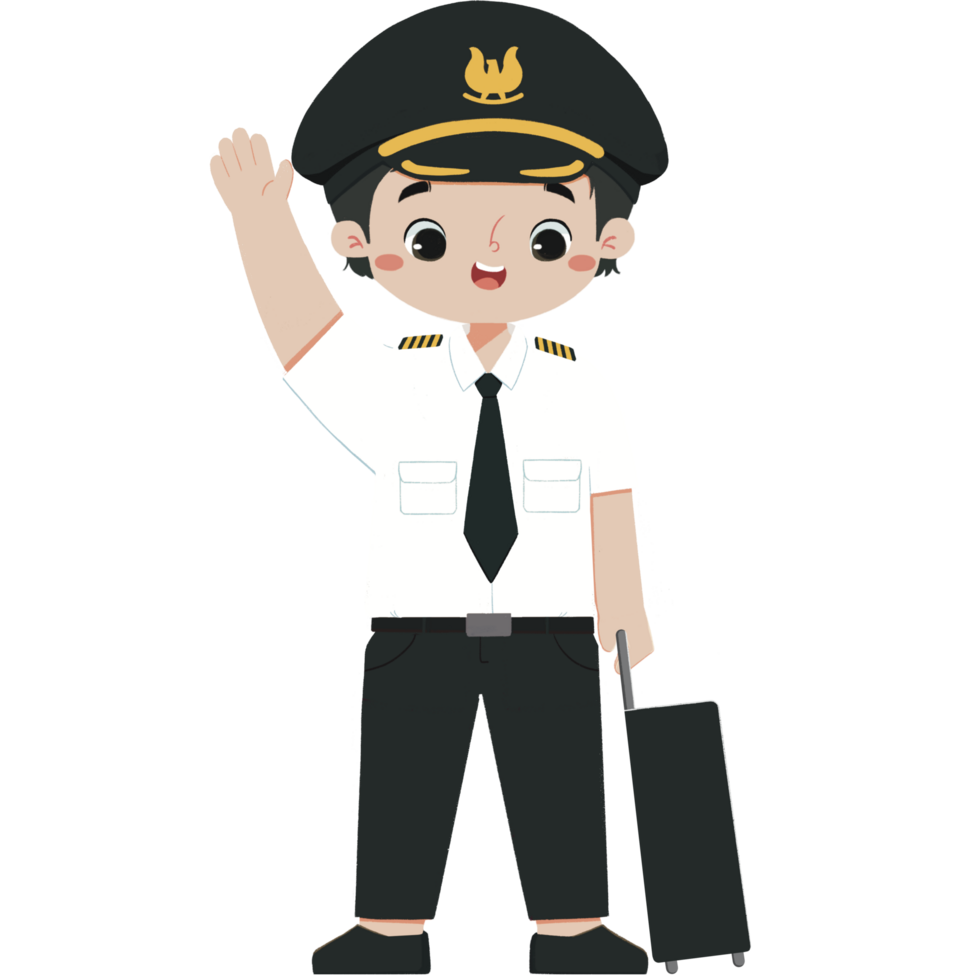 kid in pilot waving hand and carry suitcase png
