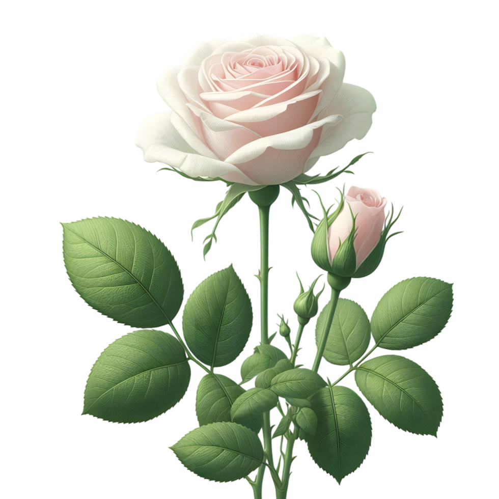 Elegant White and Pink Rose Flower with Green Leaves on Transparent Background png