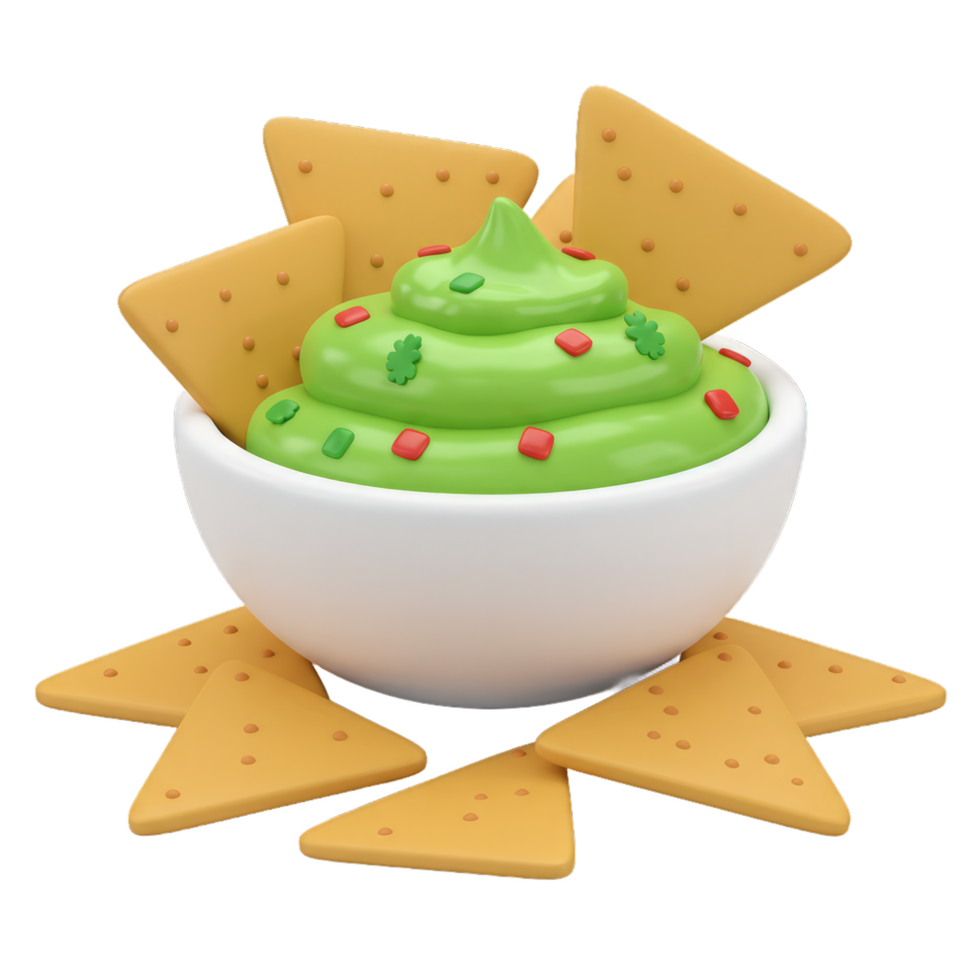 Delicious Creamy Guacamole with Crispy Tortilla Chips. A 3D Rendered Appetizer png