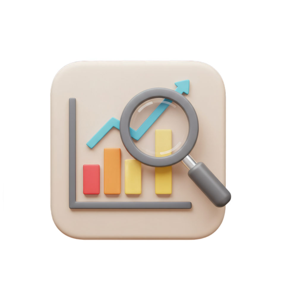 Analyzing Growth Trends with Magnifying Glass. 3D Render of Upward Trending Bar Graph png