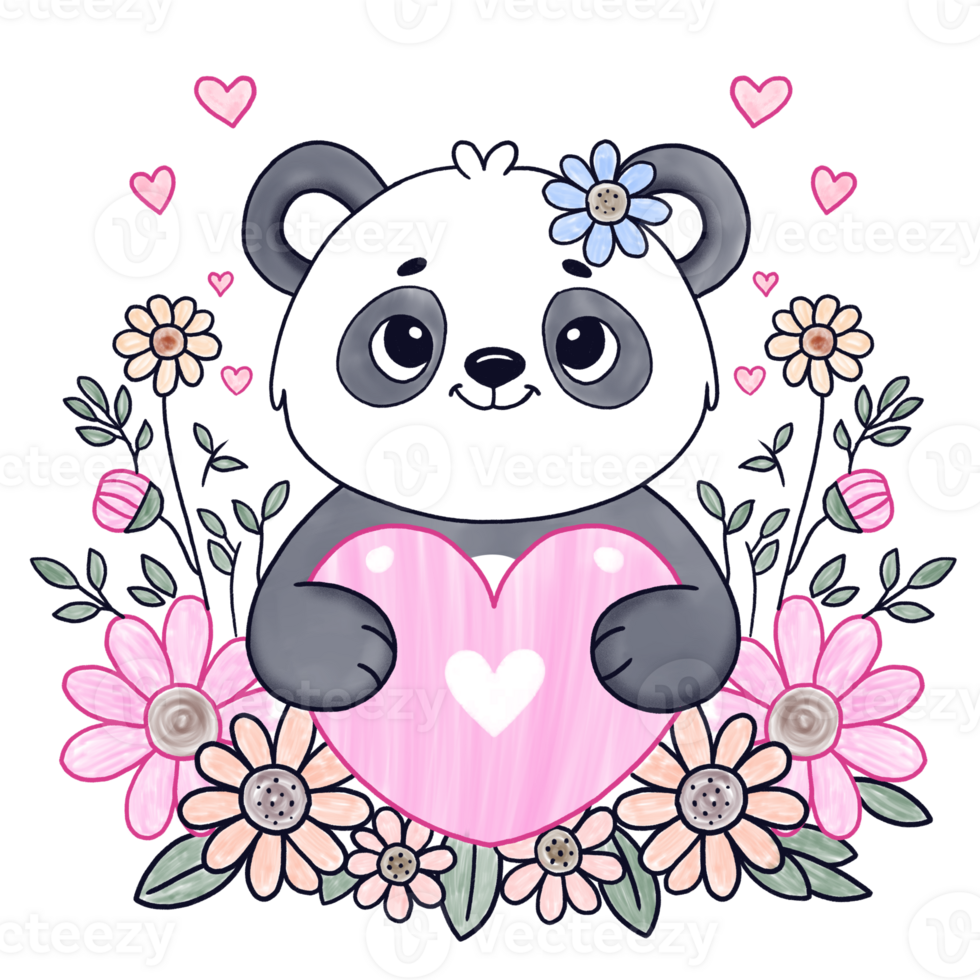 A panda bear holding a heart with flower in it png