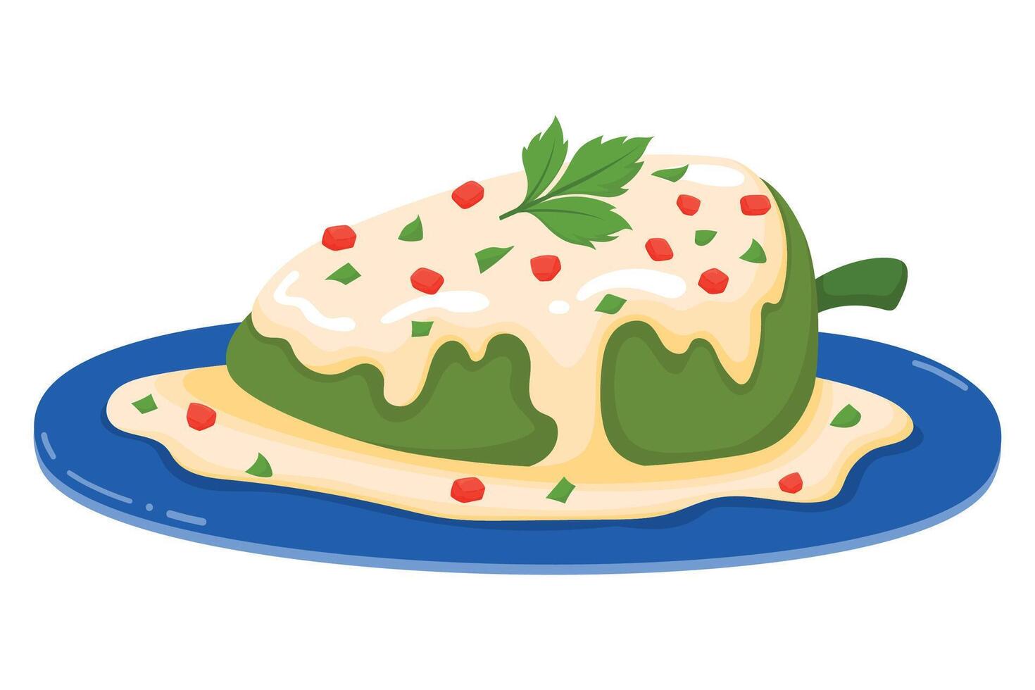 Chiles en Nogada - Traditional Mexican Stuffed Poblano Pepper with Creamy Walnut Sauce, Garnished with Pomegranate and Parsley. Mexican Cuisine Illustration for Menus, Food Blogs and Recipe Designs vector