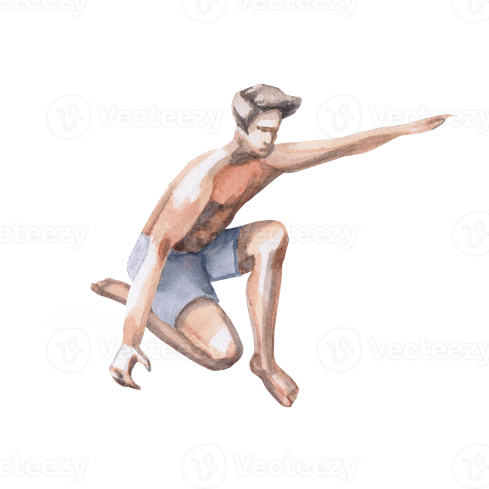 Sitting young man in balancing pose wearing sports shorts. Isolated watercolor illustration of surfer for design of travel brochures, men's cosmetics, sports stores. png