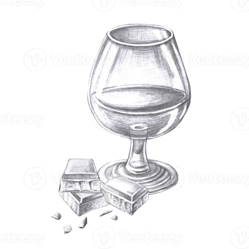 Glass of cognac with chocolate pieces. Isolated pencil illustration on the theme of alcoholic drinks for menu design, cookbook, gastronomic magazines and festivals. png