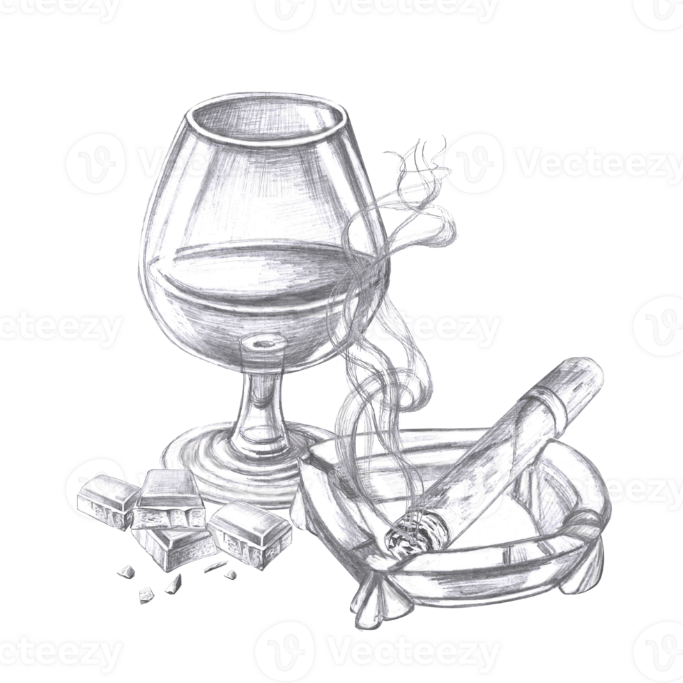 Glass of cognac and cigar in ashtray. Pencil isolated illustration for cafes design, menu design and cookbooks. png