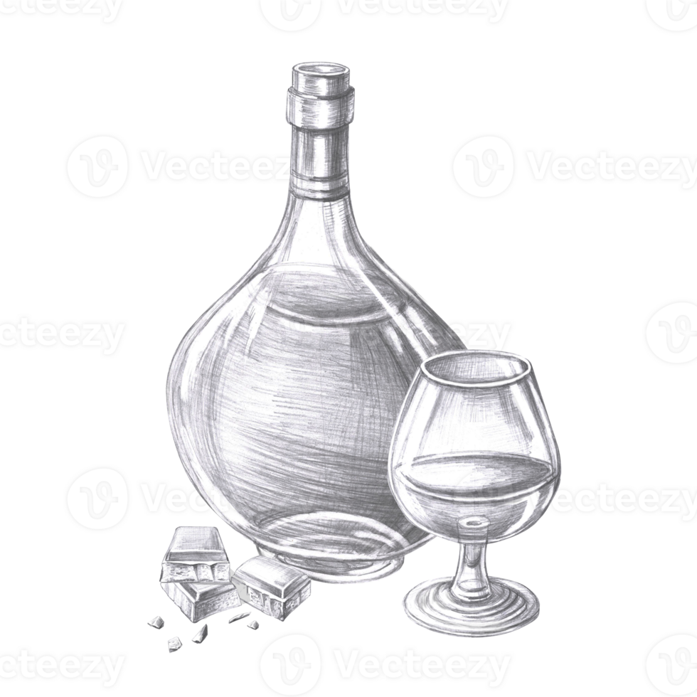Bottle of cognac, glass and chocolate in pencil. Isolated illustration on the theme of alcoholic drinks for menu design, cookbook, gastronomic magazines and festivals. png