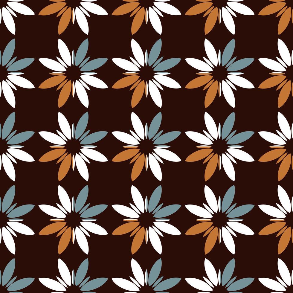 seamless floral pattern composed of daisy-like flowers with white, brown, and muted blue petals on a dark brown background. The symmetrical arrangement Background, illustration. vector