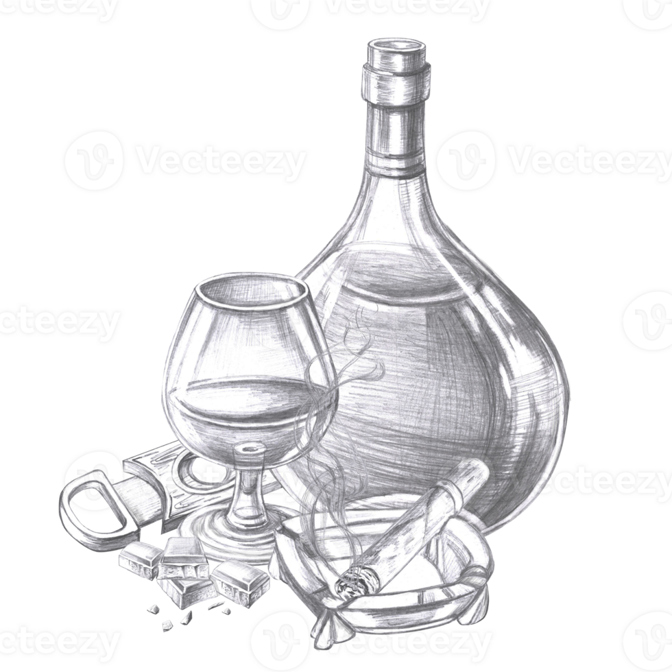Composition with a bottle of cognac, a cigar and a cigar cutter. Pencil isolated illustration for cafes design, menu design and cookbooks. png