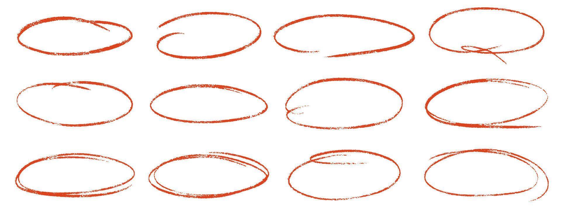 Red crayon ovals and circles set. Hand draw ellipses in red pencil doodle style for diagrams. Round marker freehand shapes, emphasis highlights rough thin frames. illustration. vector