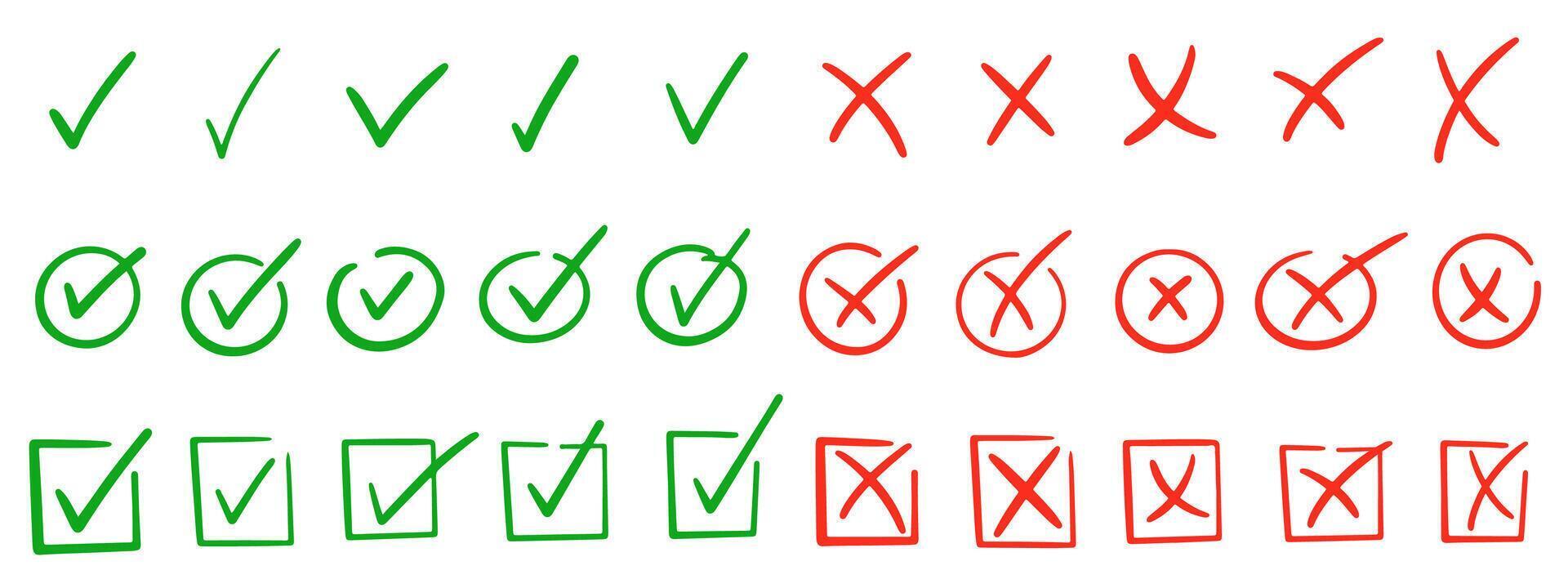 Check marks doodle set. Vote, yes, no, checkbox, checklist, tick and cross signs, v and x drawn concept. Hand drawn doodle sketch style illustration. vector