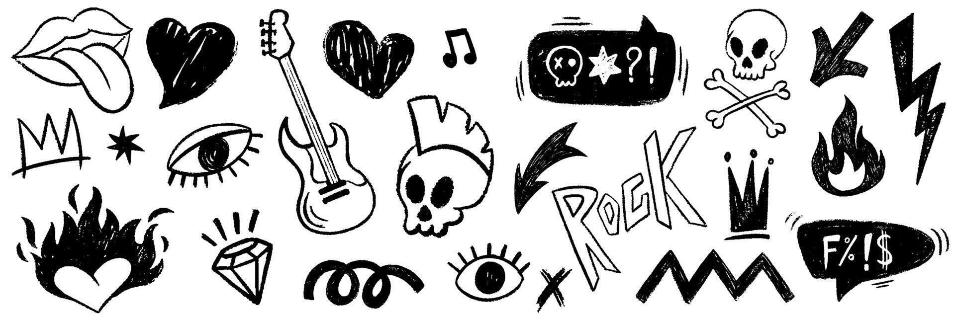 Doodle grunge punk and rock set. Crayon hand drawn graffiti groovy punk print kit, emo gothic. Marker scribble sticker, crayon wax paint icon, lightning tattoo, rock punk music star grunge tattoo vector