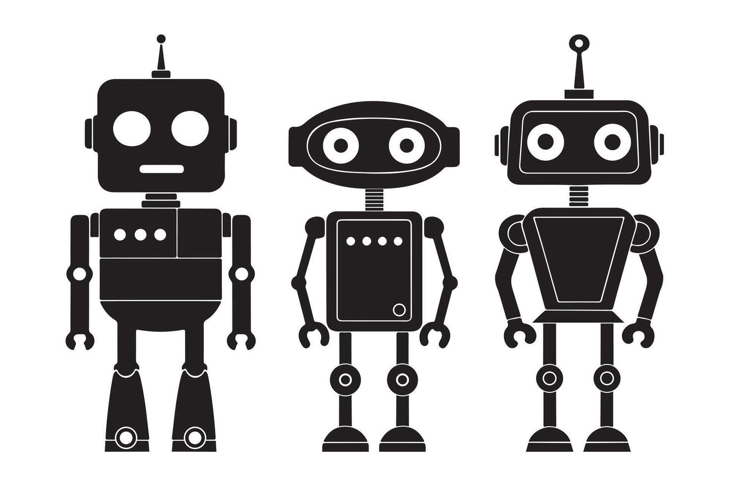 Minimalist robot silhouettes in black on white background vector