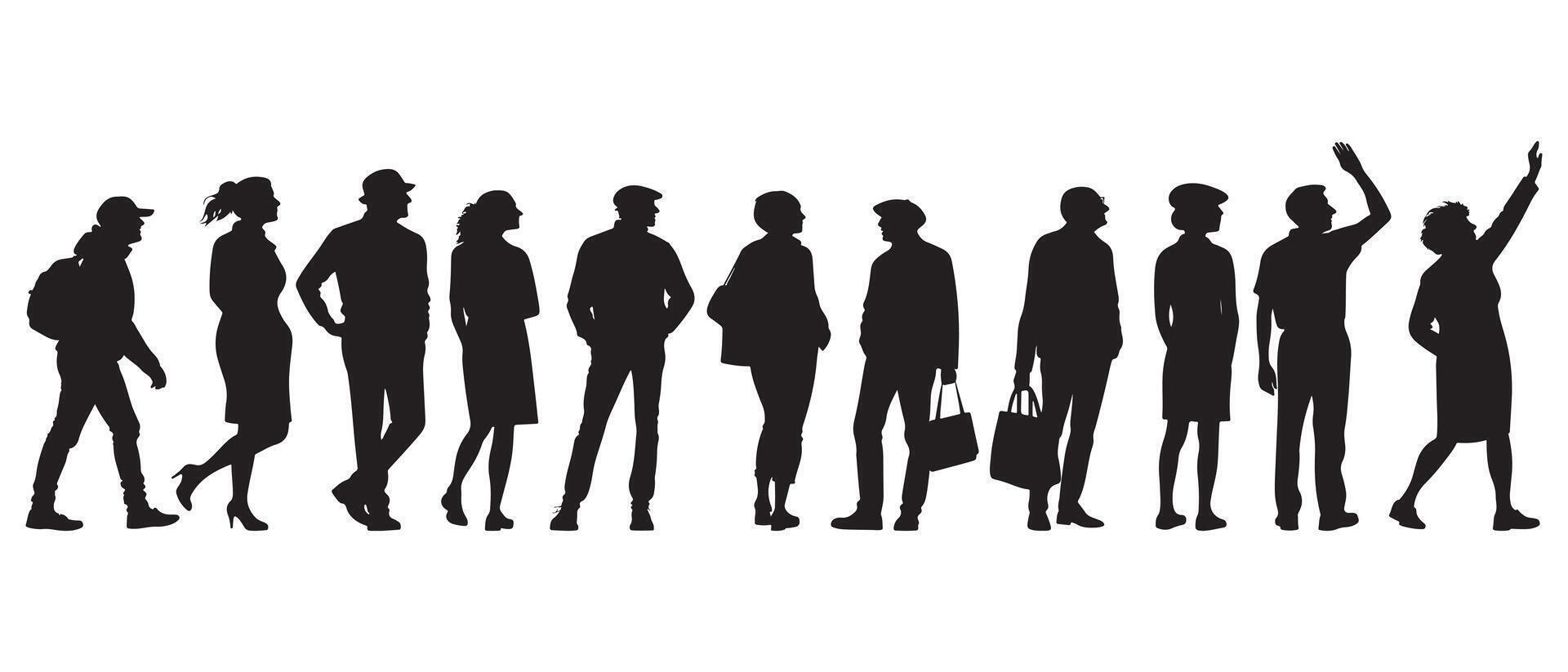 Silhouette of diverse people standing, walking, and interacting in various poses, ideal for crowd, community, and social concepts in design projects vector