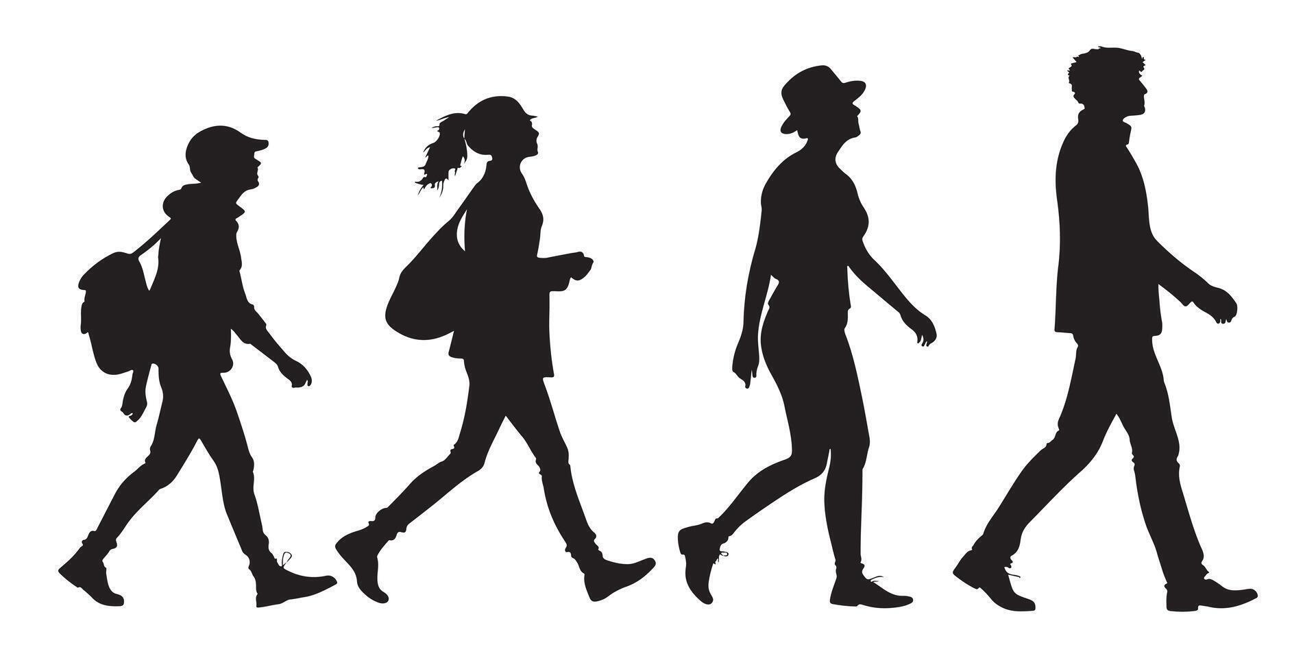 Silhouette of four people walking in different styles, perfect for concepts of movement, travel, city life, and human activity in urban environments vector