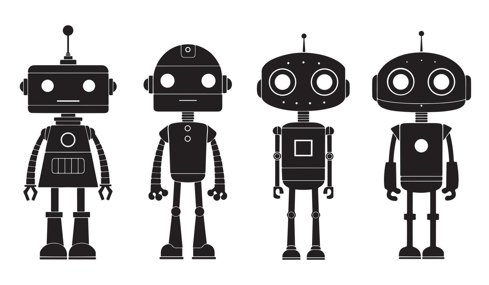 Set of Four minimalist robot silhouettes in black on white background vector