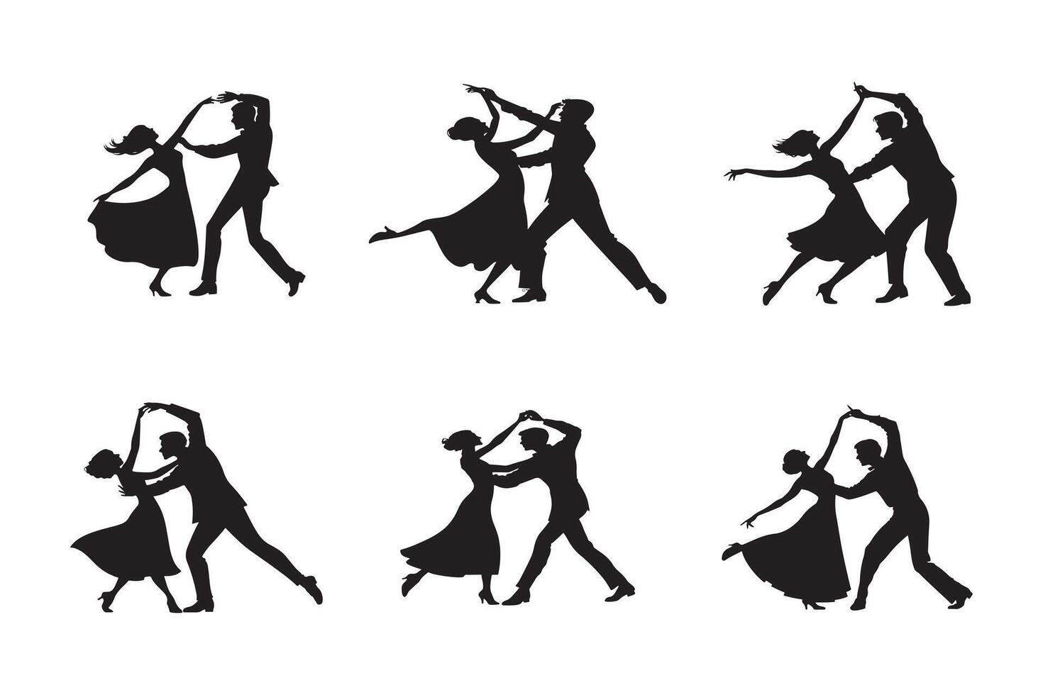 Silhouette of ballroom dancing couples in various poses, romantic dancers performing tango, waltz and salsa, elegant dance illustration for event, party or studio vector