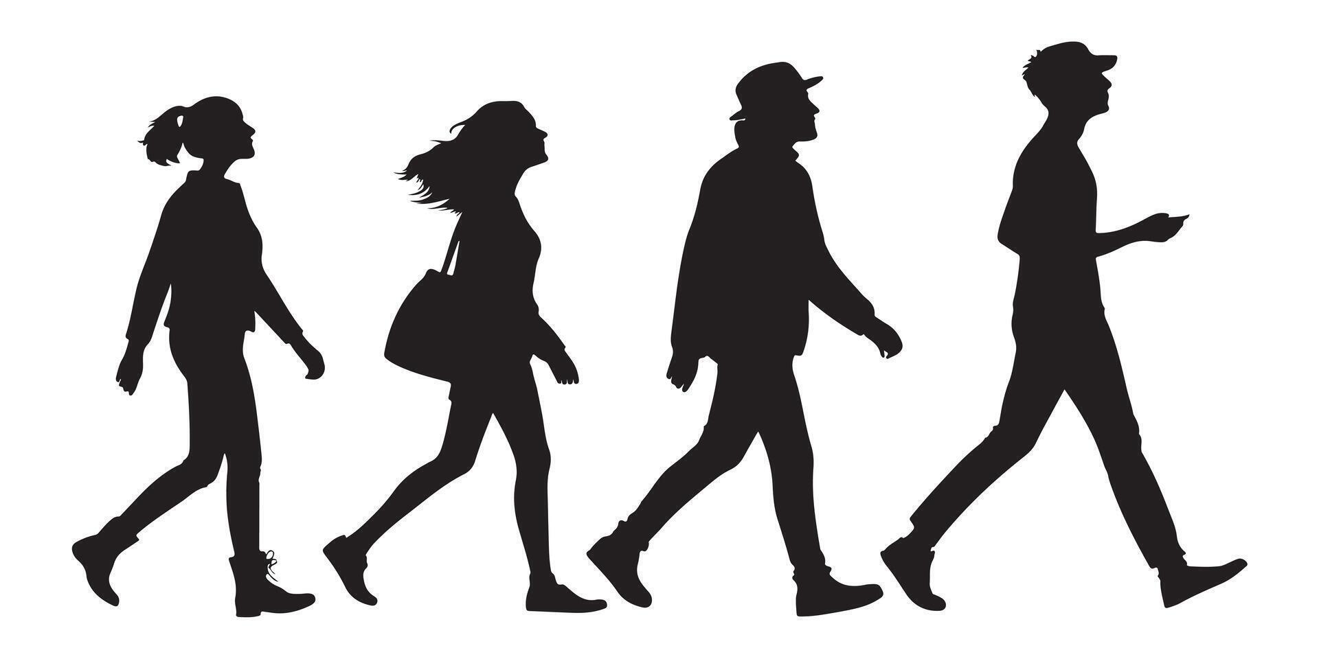 Walking people silhouette set featuring men and women in casual outfits, dynamic poses, and natural movements, perfect for urban lifestyle, crowd, and street design concepts vector