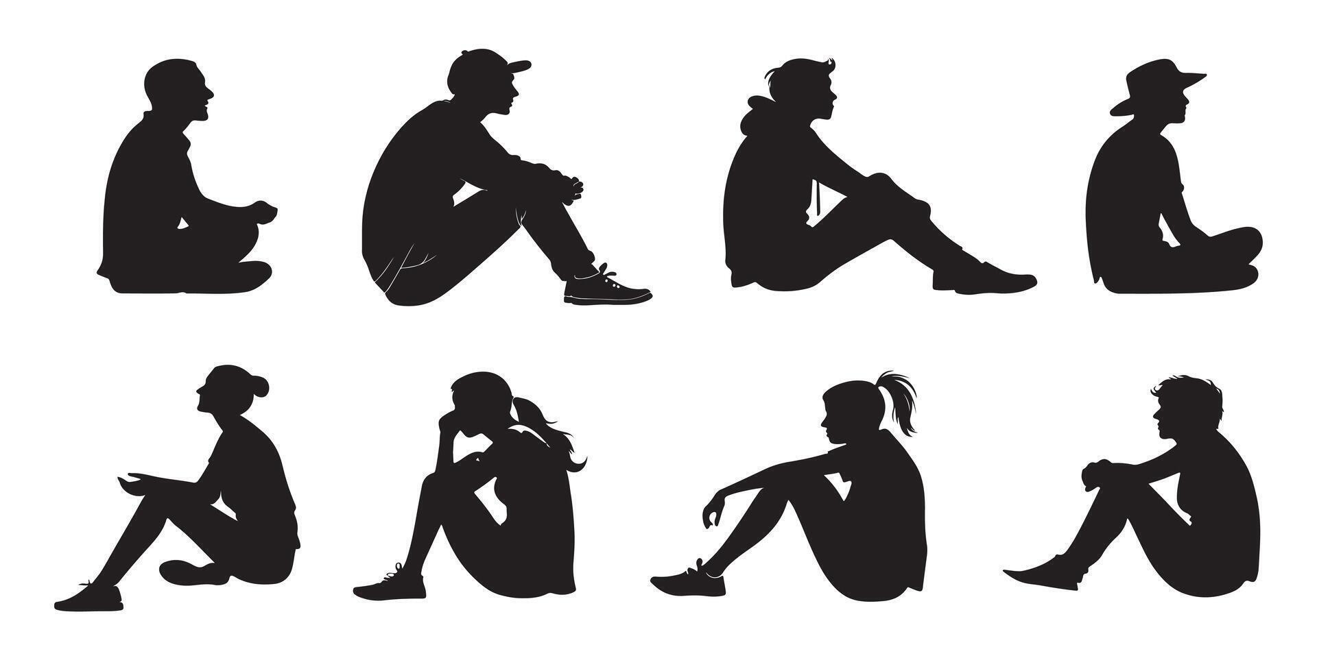 Silhouette of eight people sitting in various relaxed and thoughtful poses, ideal for concepts of rest, contemplation, leisure, and social interaction in everyday life vector