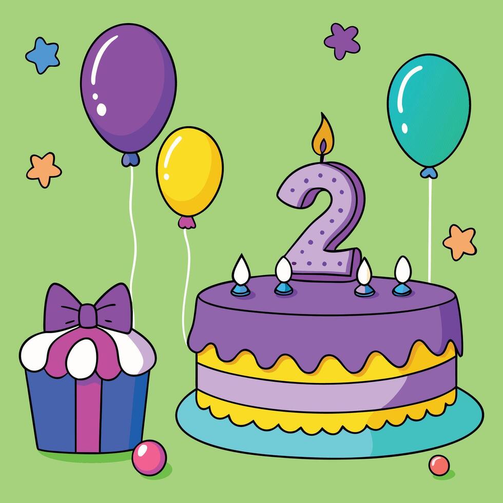 Colorful Birthday Cake with Balloons and Confetti second birthday Celebration vector