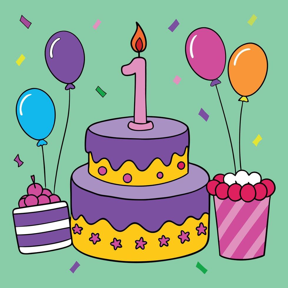 Colorful Birthday Cake with Balloons and Confetti First Birthday Celebration vector