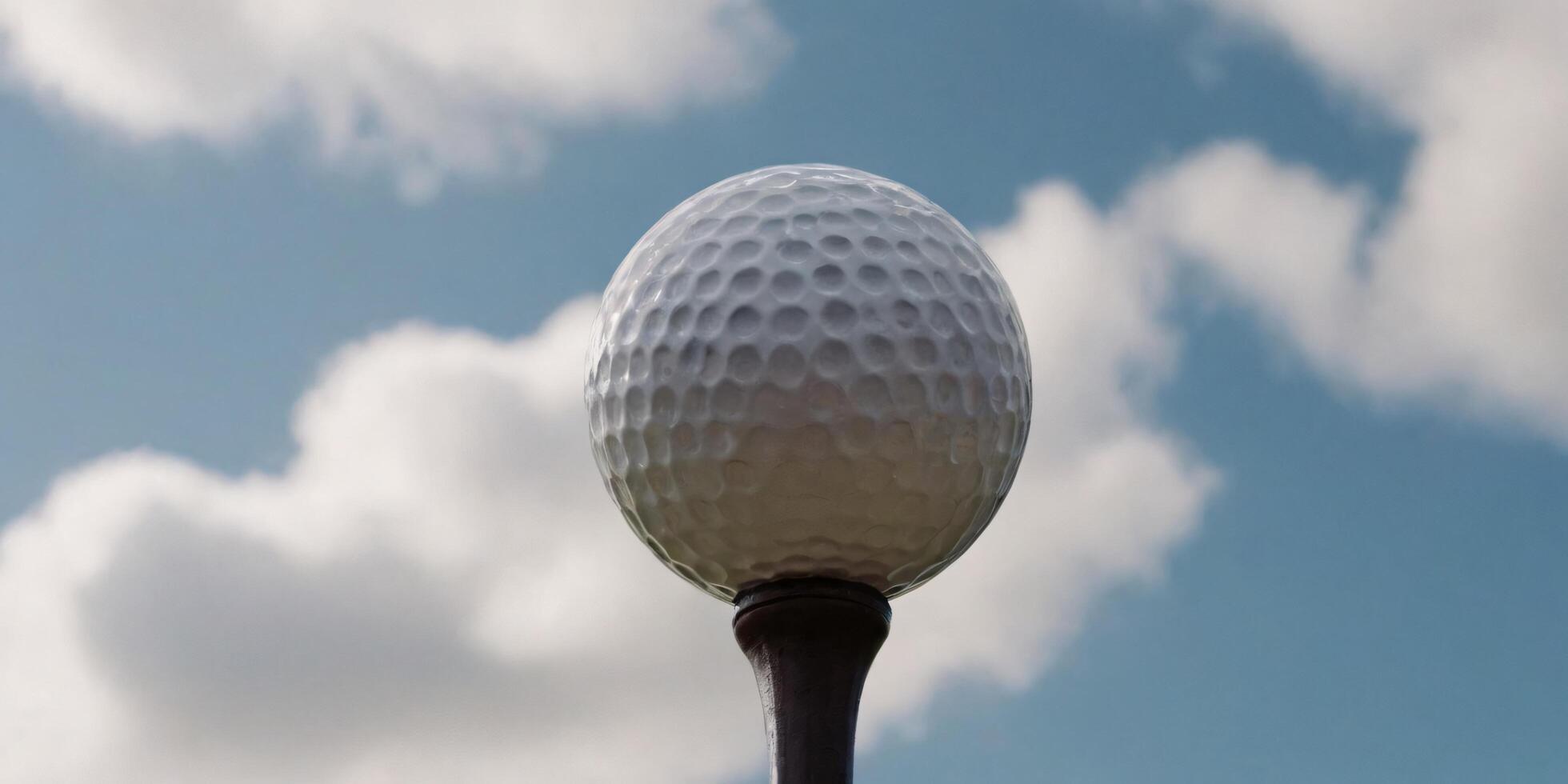 Golf ball on tee against a bright blue sky with fluffy white clouds photo