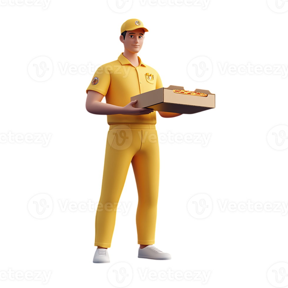 Pizza delivery person wearing yellow uniform. png
