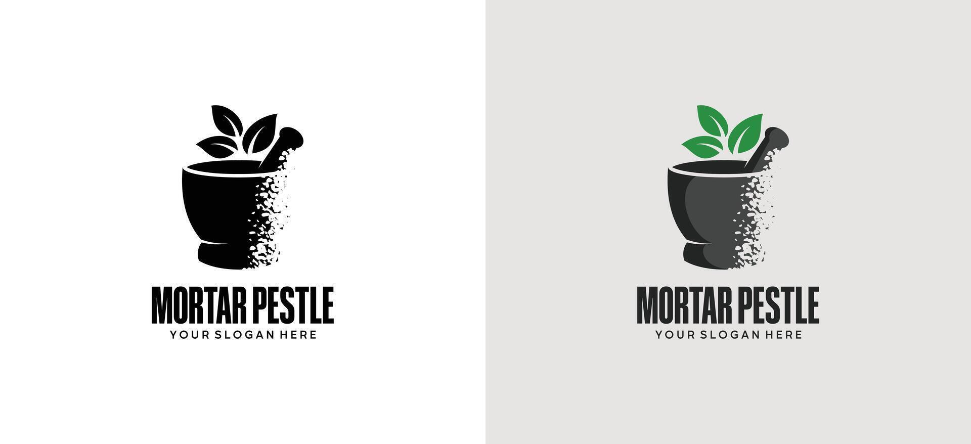 Stone mortar and pestle logo design with leaf symbol vector