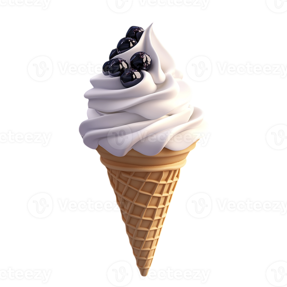 A white vanilla ice cream cone with berries. png