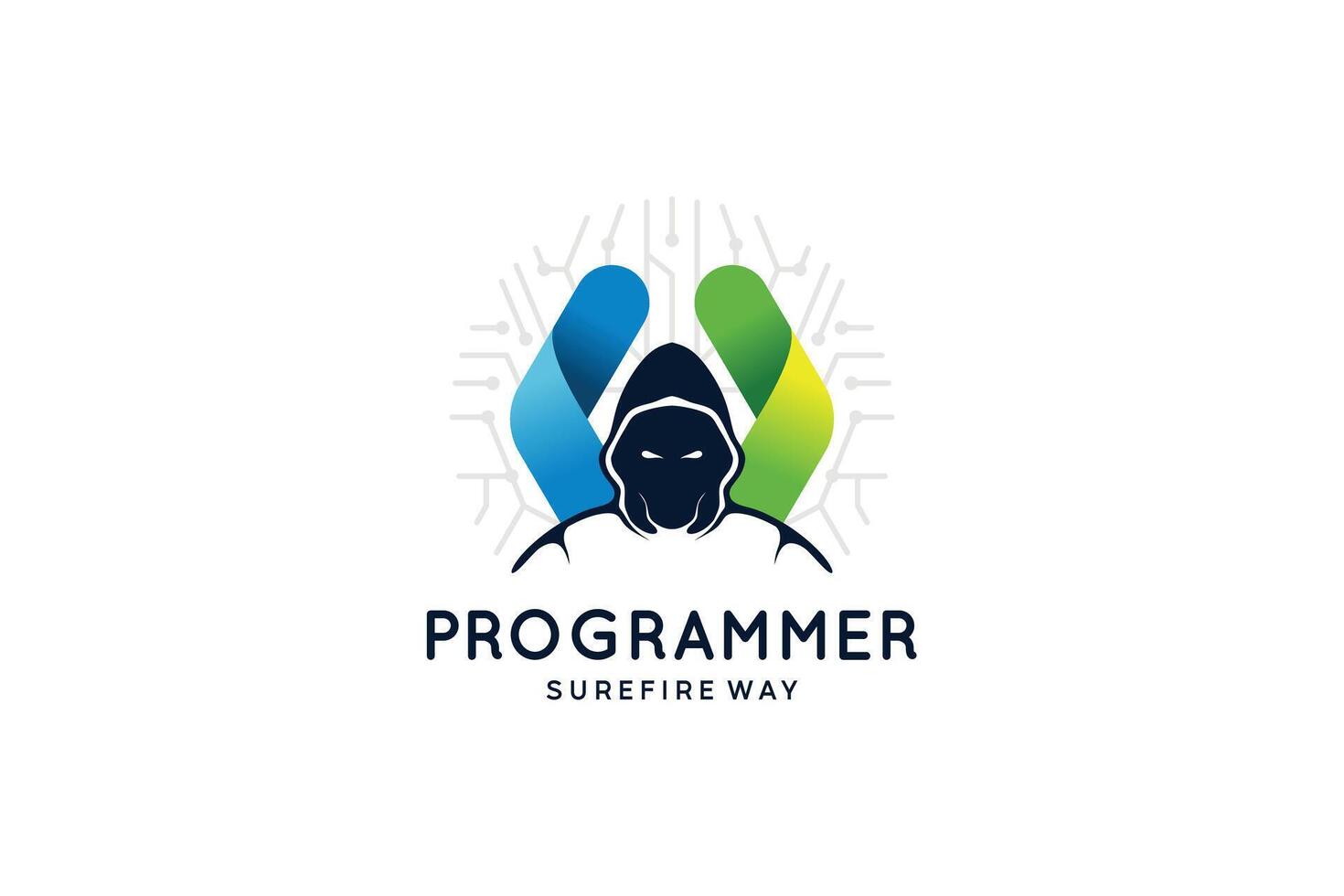 Coding and hacker programming logo design in mysterious jacket vector
