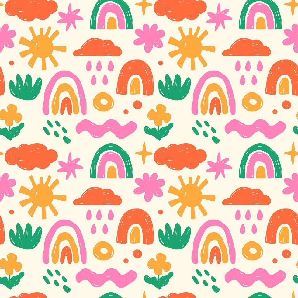 Seamless pattern of bright hand drawn children's drawings with rainbows, clouds, colours vector