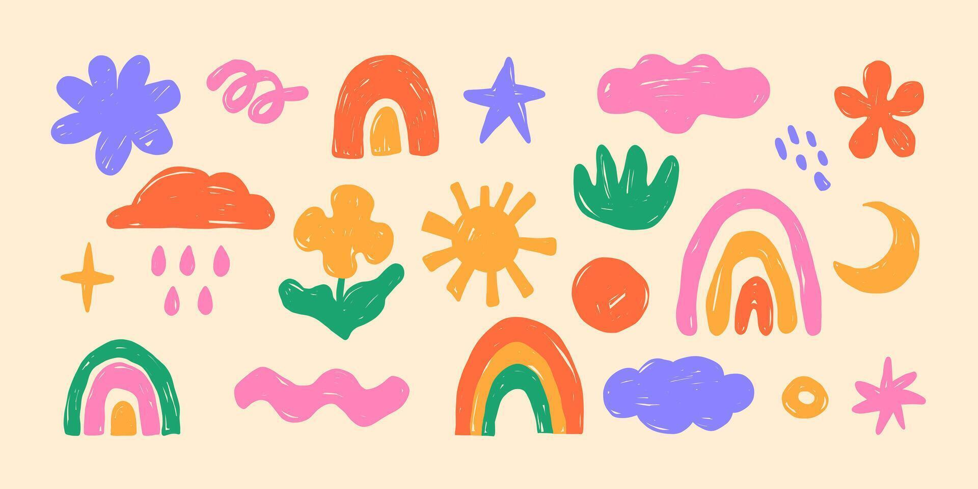 Set of bright hand-drawn children's drawings with rainbows, clouds, colours vector