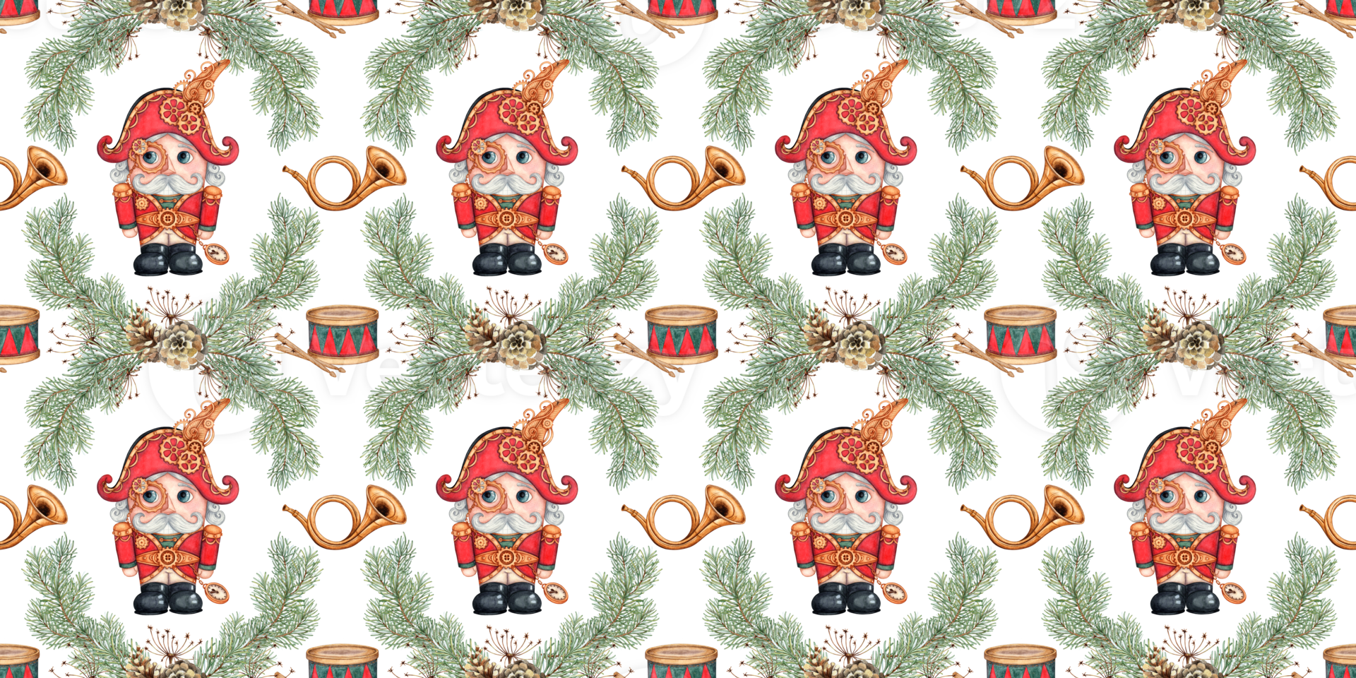 Nutcracker, drum, bugle, fir branches, grass, pine cones, in a watercolor illustration in steampunk style, hand drawn. Christmas, New Year seamless pattern isolated from background. png