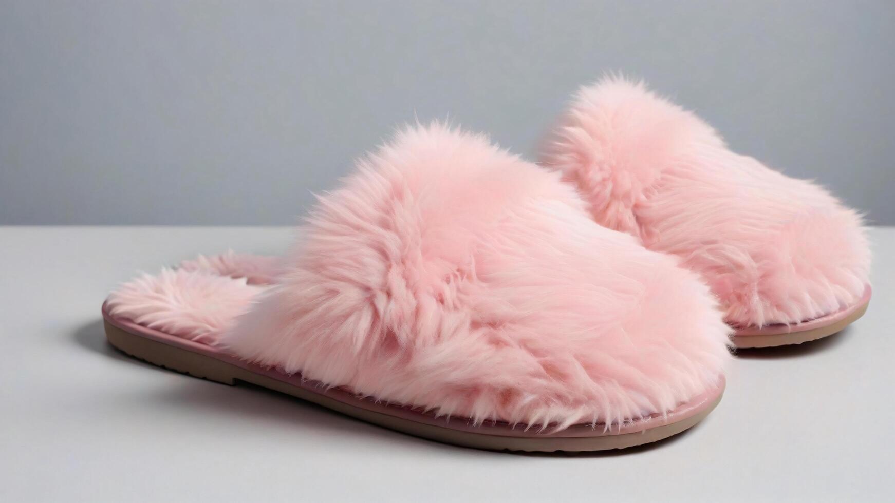 Pair of pink fluffy slippers on white surface. photo