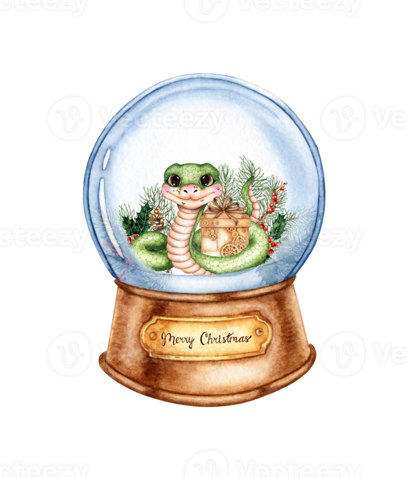 Crystal ball with glass sphere mounted on a brown wooden base with gold plaque watercolor illustration. Inside is a snake in fir branches with a gift, isolated from the background. png