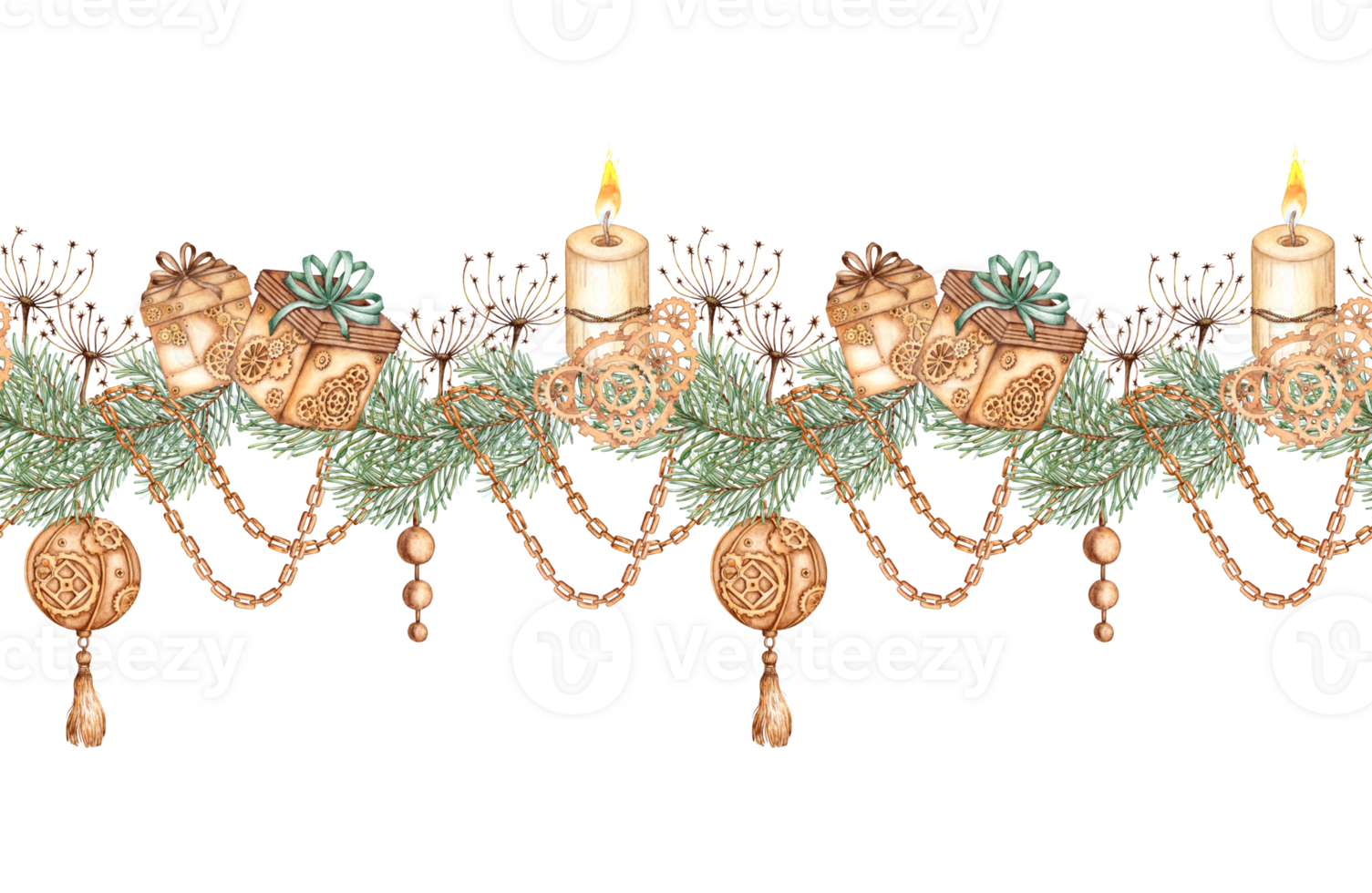 garland fir branches, grass, candles, gifts, chains, gears and balls for New Year and Christmas watercolor illustration drawn by hand. Seamless horizontal border steampunk style isolated background. png