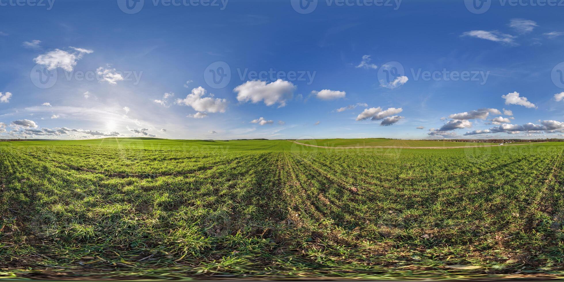 360 panorama of a field with clouds and sun photo