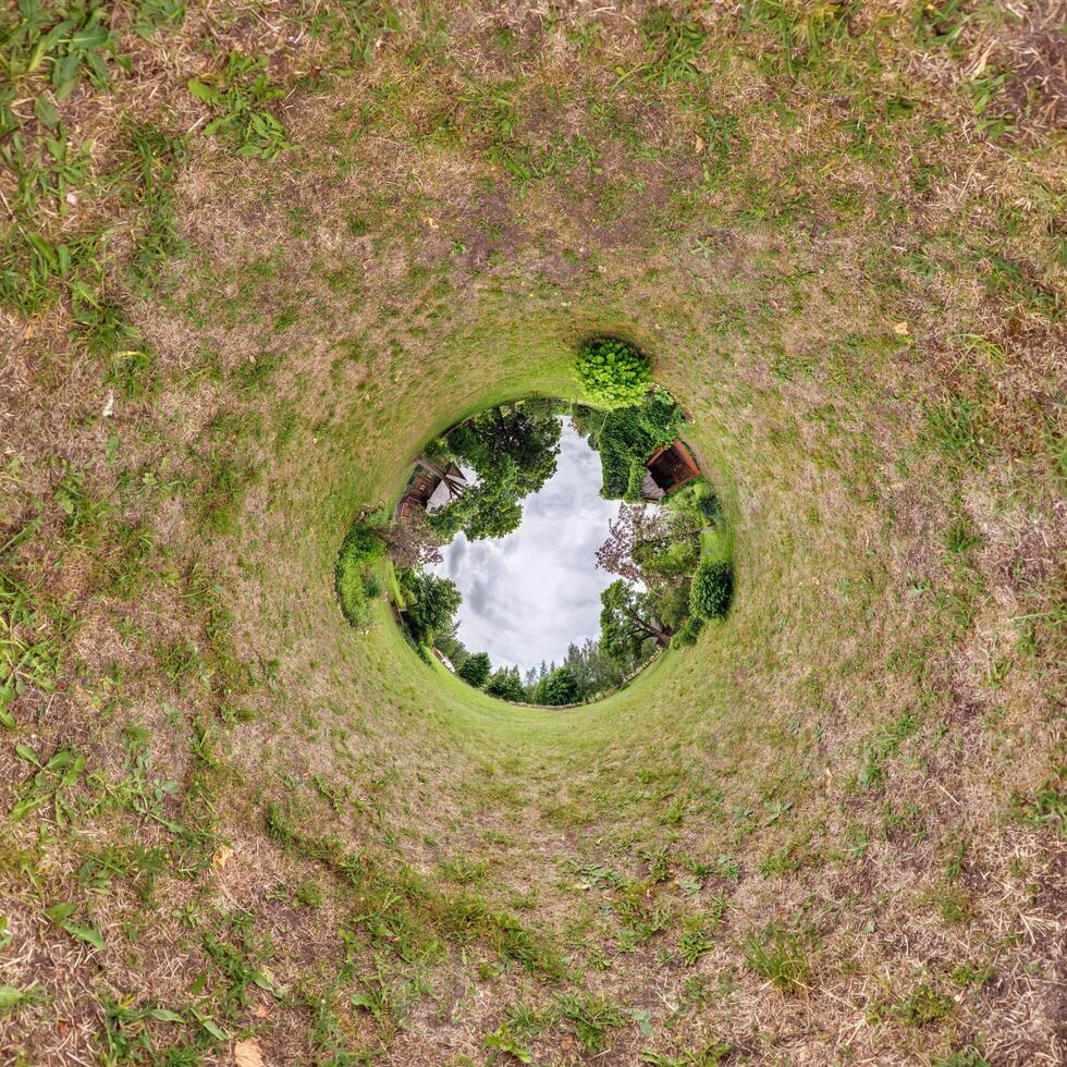 A circular view of a grassy field with a house in the middle photo