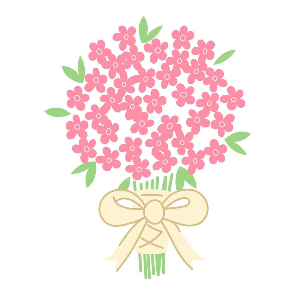 Bouquet of small spring pink flowers wrapped with a beige ribbon and a bow vector