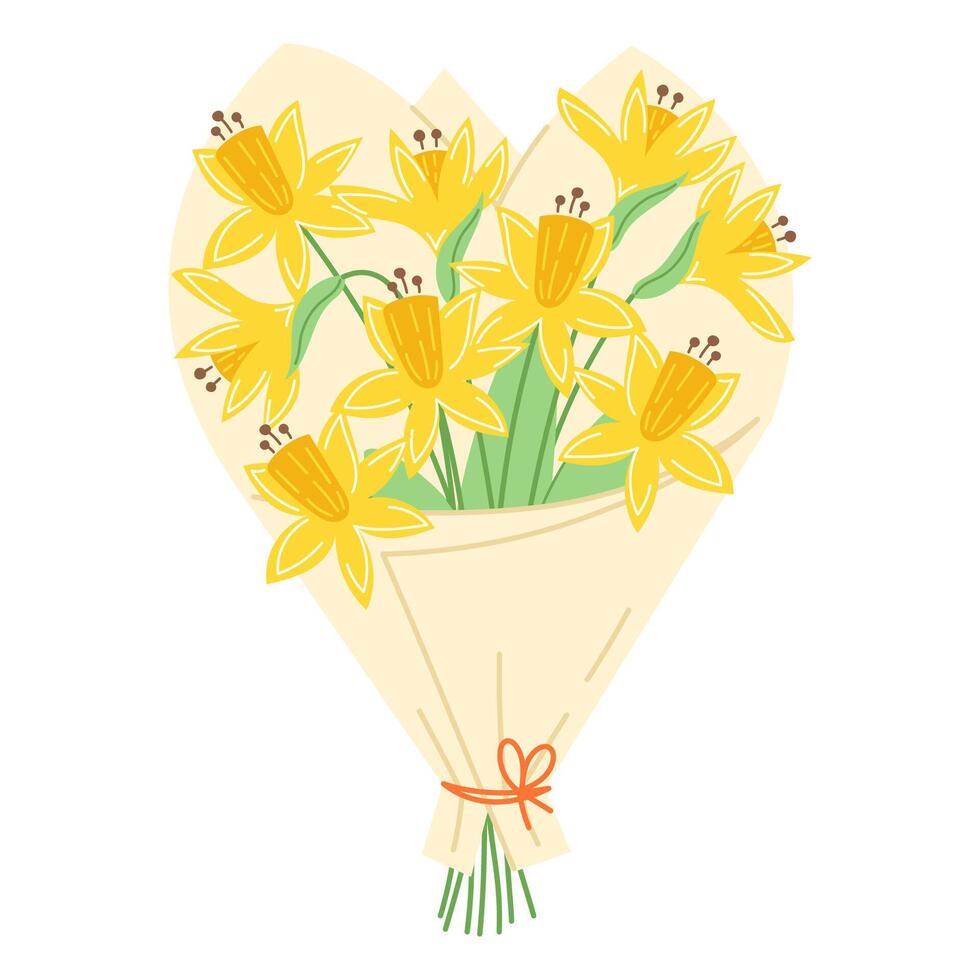 Spring flower bouquet with yellow daffodils in a beige paper wrap for Women's Day vector