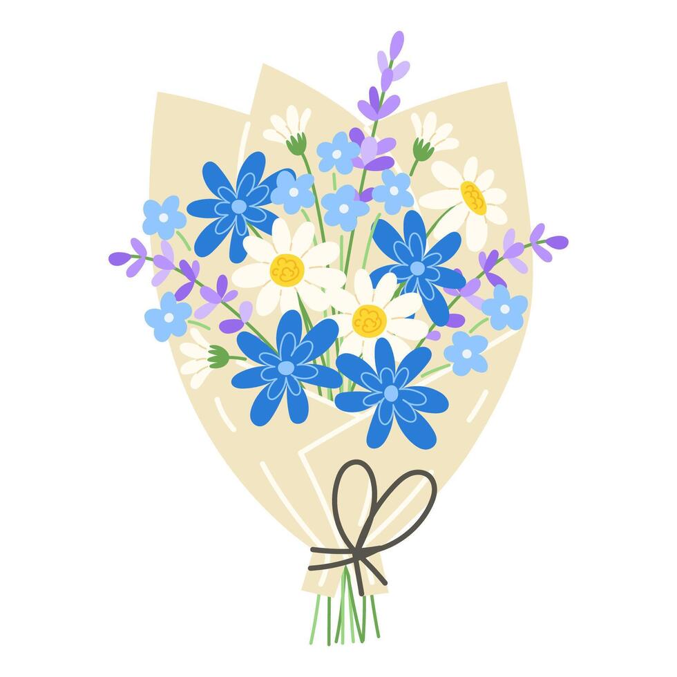 Bouquet of various wildflowers in blue-violet tones with white daisies and lavender for Women's Day vector
