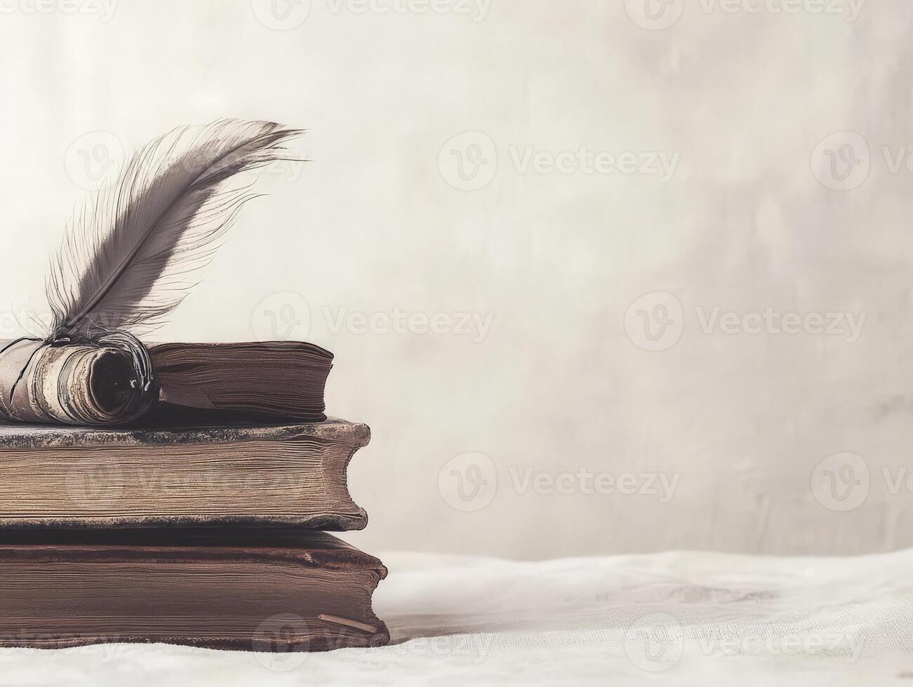 A stack of vintage books with a quill, evoking a sense of nostalgia and literary charm. photo