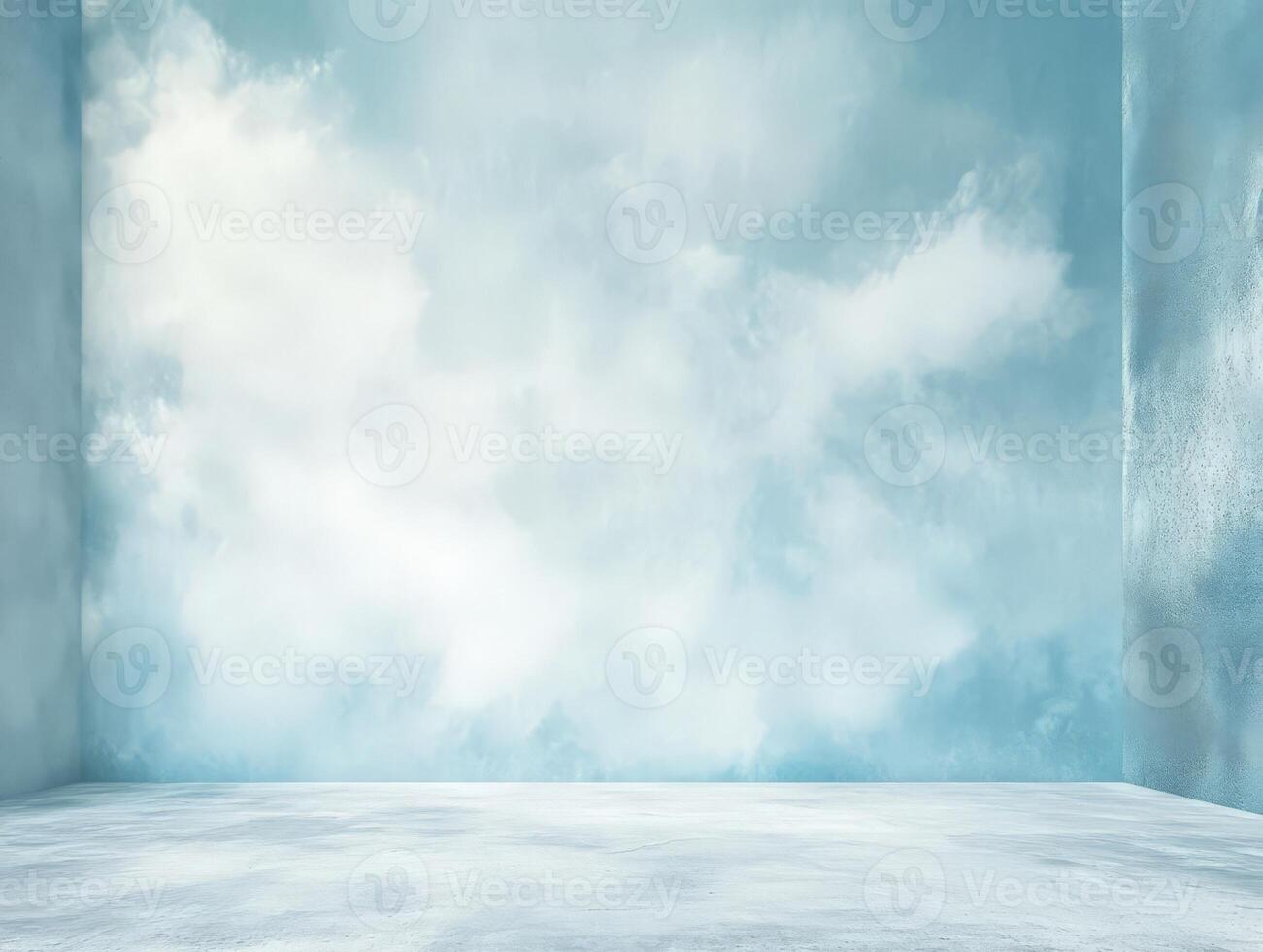 A serene, empty room with a soft blue sky and clouds, creating a tranquil atmosphere. photo